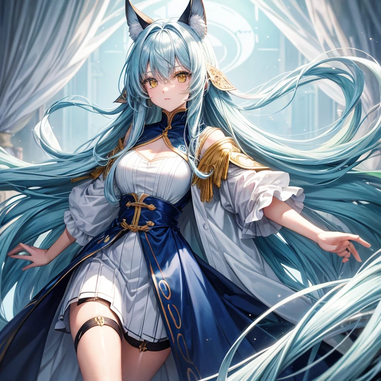 Long hair, light blue hair, yellow eyes, revealing outfit
