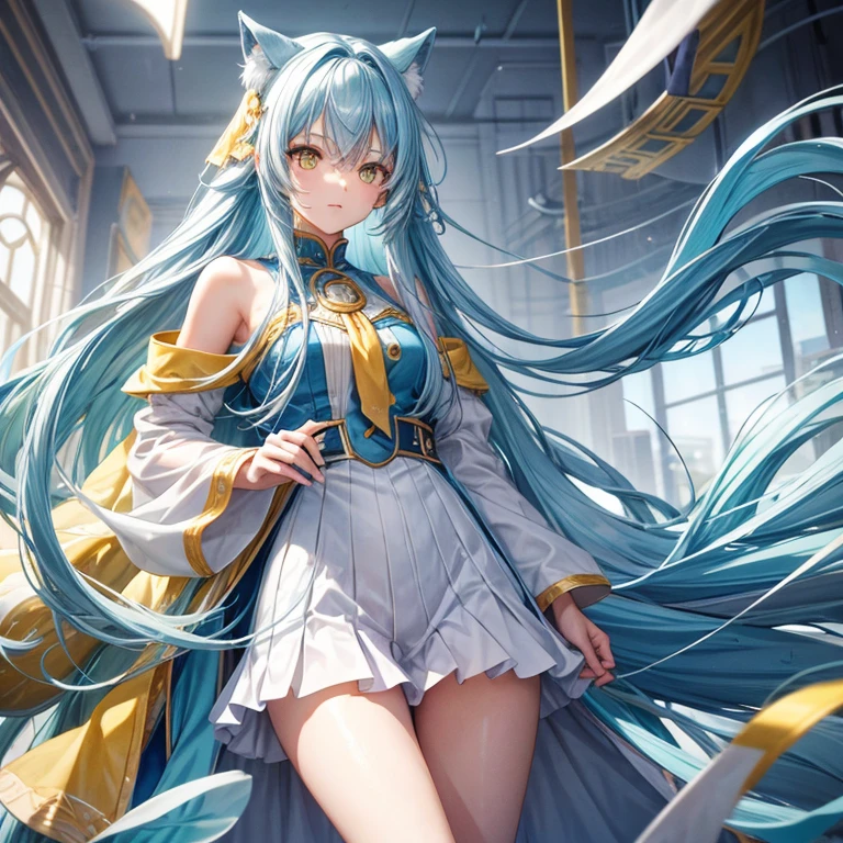 Long hair, light blue hair, yellow eyes, revealing outfit