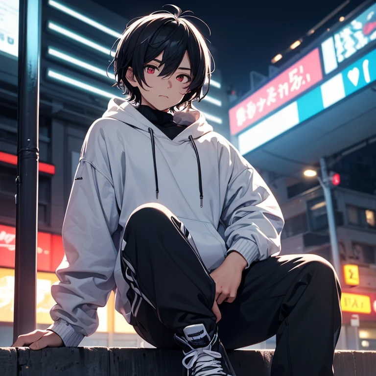 virtual_youtuber, 1boy, boy, Medium black hair, Cold, a gloomy, dark backgrounds, Half up,Detailed face, Intricate details, Gerbourg, pixiv,Turtleneck sweater, Loose pants, oversized hoodie,white backgrounid,Facing the front,frontal face,No background,Wearing sneakers,Idol, Super Idol, super model ((Solo)), 1 male, (Handsome, masculine, man, broad shoulders, A tall man, Thin body), ((Black hair, hair messy, Short hair, Bangs)), bright skin, Sharp features, (Oversized clothes)), ((Sharp eyes, Red eye color, tired expression, )), Turtleneck sweater, Loose pants, oversized hoodie,white backgrounid,Facing the front,frontal face,No background,Wearing sneakers,photographed,white backgrounid,