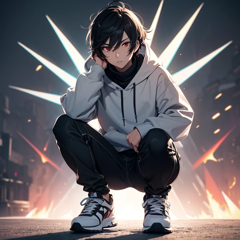 virtual_youtuber, 1boy, Teenage boy, Medium black hair, Cold, a gloomy, dark backgrounds, Half up,Detailed face, Intricate details, Gerbourg, pixiv,Turtleneck sweater, Loose pants, oversized hoodie,white backgrounid,Facing the front,frontal face,No background,Wearing sneakers,Idol, Super Idol, super model ((Solo)), 1 male, (Handsome, masculine, man, broad shoulders, A tall man, Thin body), ((Black hair, hair messy, Short hair, Bangs)), bright skin, Sharp features, (Oversized clothes)), ((Sharp eyes, Red eye color, tired expression, )), Turtleneck sweater, Loose pants, oversized hoodie,white backgrounid,Facing the front,frontal face,No background,Wearing sneakers,photographed,white backgrounid,