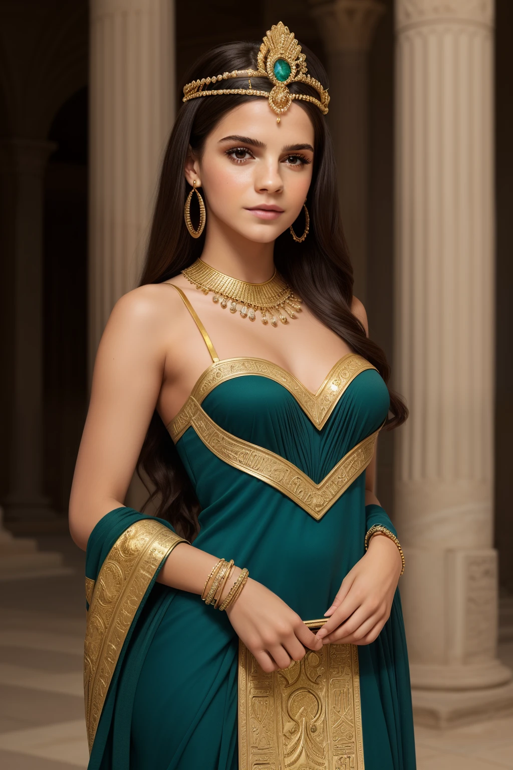 a woman in a green dress and gold jewelry poses for a picture, beautiful cleopatra, egyptian princess, ancient libu princess, beautiful goddess, egyptian, android girl in egyptian ruins, cleopatra portrait, egyptian style, egyptian clothes, black emma watson as egyptian, egyptian clothing, wearing an egyptian crown, ((a beautiful fantasy empress)), a beautiful fantasy empress, gorgeous woman