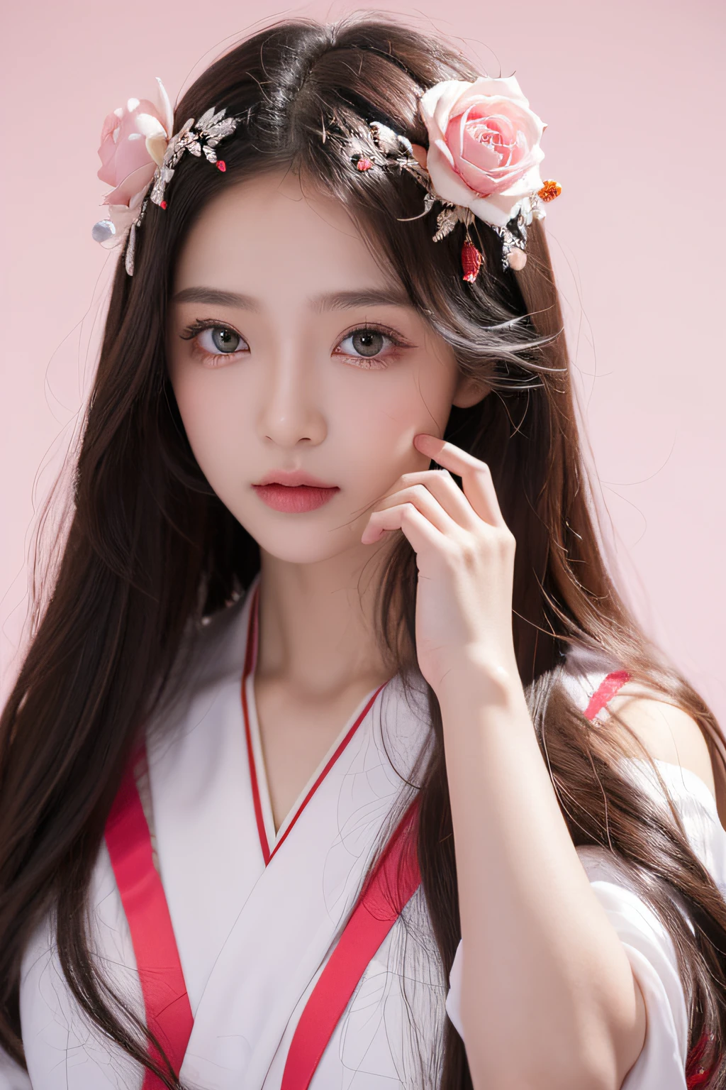 (tmasterpiece, Best quality, 1 girl, 4 alone, Complicated details, color difference), actual, ((Breathe in moderation)),Long gray hair,, Red decoration on the head, Pink highlights, Amber Eyes, sisterhood