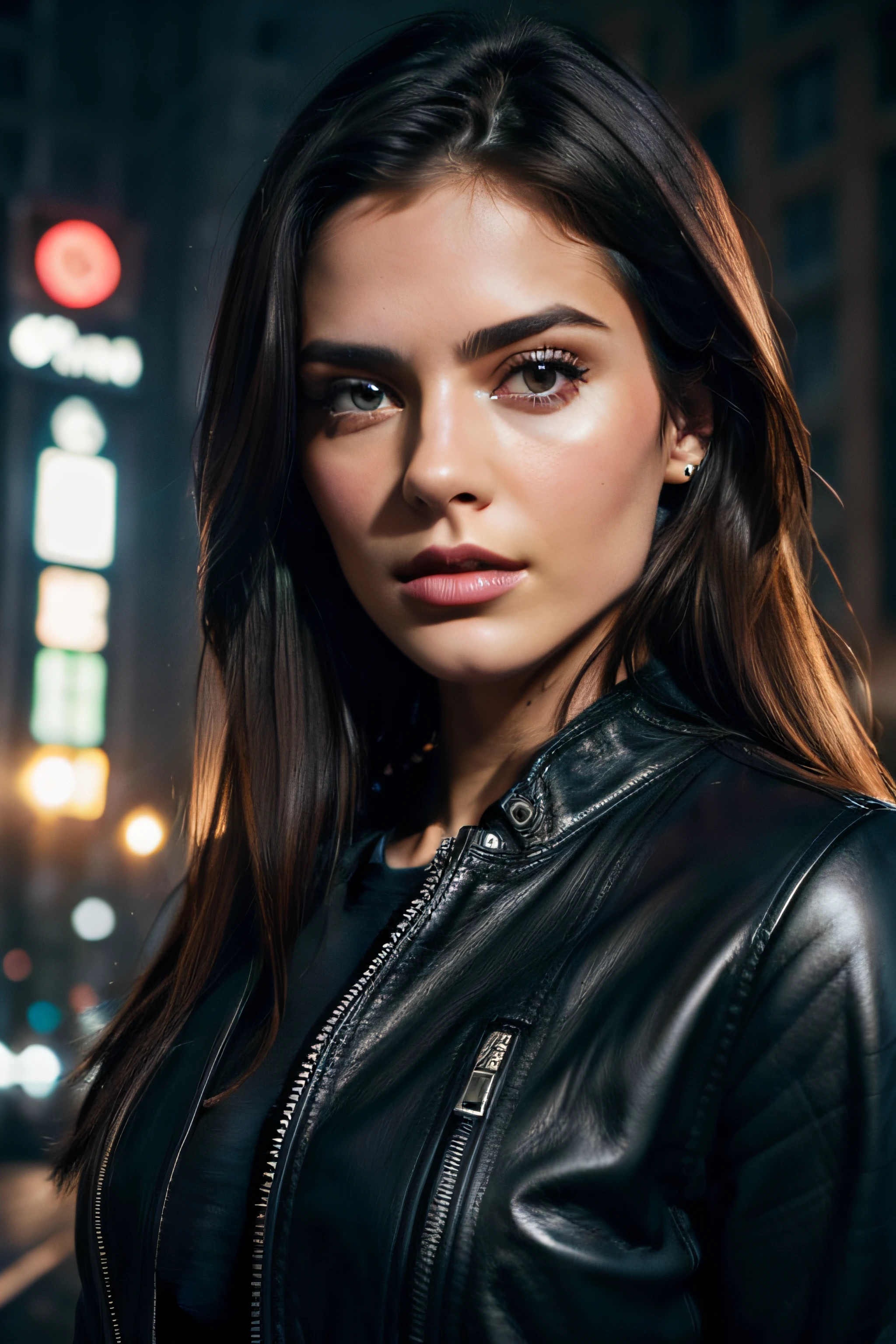 Retrato de gldot como uma bela modelo feminina, georgia fowler, rosto lindo, cabelo castanho escuro curto, In the Cyberpunk City at Night. She's wearing a leather jacket, jeans preto, lighting dramatic