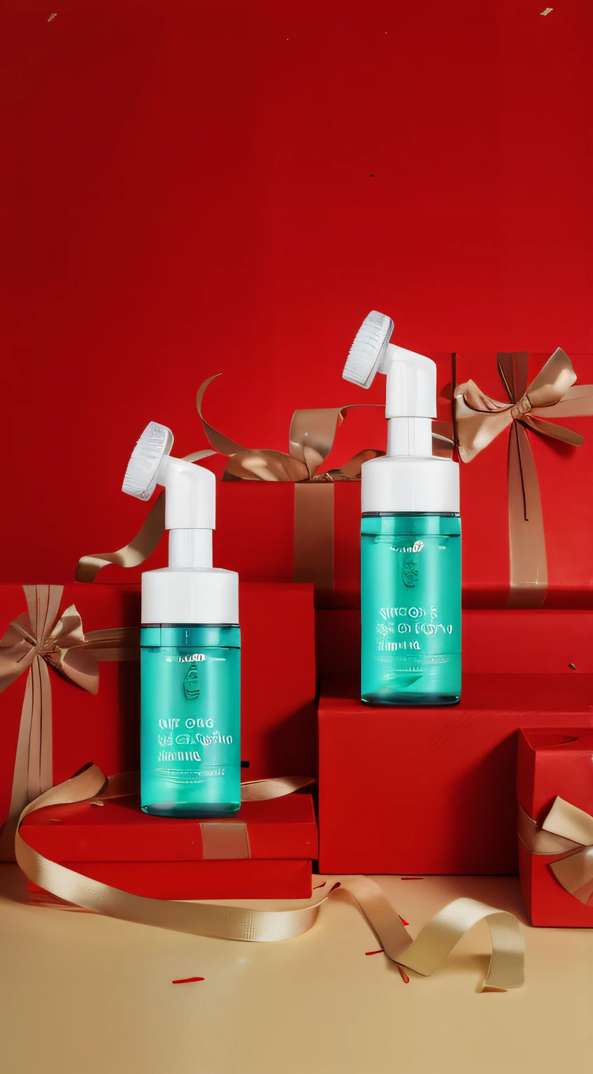 Two bottles of lotion are placed on the red box, vacation, product photograph, glistning skin, Shooting for a skin care brand, fotografia do produto, professional product shot, product introduction photos, higher detailed, dramatic product shot, cleanest image, clean face and body skin, exclusive, professional product photo, professional product photography, 💋 💄 👠 👗, commercial product photography
