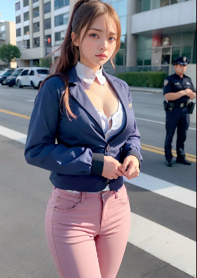 (1 lady), (Best quality at best:1.4), (ultra - detailed), (extremely detailed CG unified 16k), A Beautiful Woman with Perfect Figure: 1.4, Sharp Focus: 1.2, very detailed, High-definition RAW color photo, professional photoshooting, amazing face and eyes, cosmetics, (amazingly beautiful girl), ((asuka)), NOT Dasha Taran, ((police uniform, whole body police uniform, long sleeves blue navy shirt, police uniform blue navy pants)), standing, sexyposture,(Dark and stylish urban landscape, city lights, city lights:1.3), (look from down), realistic cinematic face, head to feet long wide zoomed out view, full body long view, photorealistic, ((realistic natural orange redhair style, blue eyes, long hair)), gorgeous, extremely beautiful face, perfect model beauty, pout mouth, Highly Detailed Face and Skin Texture, Detailed Eyes, Double Eyelids, Medium Breasts, Smile, cleavages, western, (masterpiece), best quality, high resolution, extremely detailed, blurred background, depth of field, cinematic lighting, amazing legs, combat boots, clear and well-cared skin, (((woman occupies most of the picture))), (photorealistic colors, photography colors)