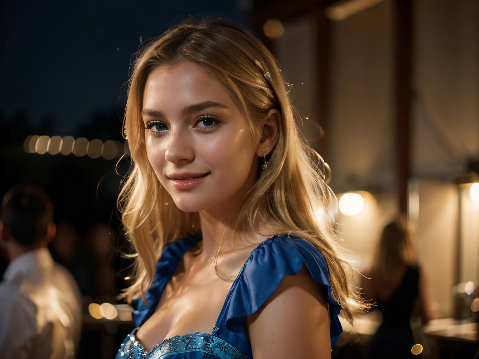 beautiful european girl with blonde hair, at a party, in the night, smilling, ultra high resolution, (photorealistic: 1.4), high resolution , (finely detailed skin), (photos realistic) (masterpiece) (photorealistic), ultrarealistic (Best Quality) (Detailed) photographed in a Canon EOS R5, 50mm Lens, F/2.8, (8K) (Wallpaper) (Cinematic lighting) (Dramatic Lighting) (Convoluted) Fashion, beautiful blue dress, dancing