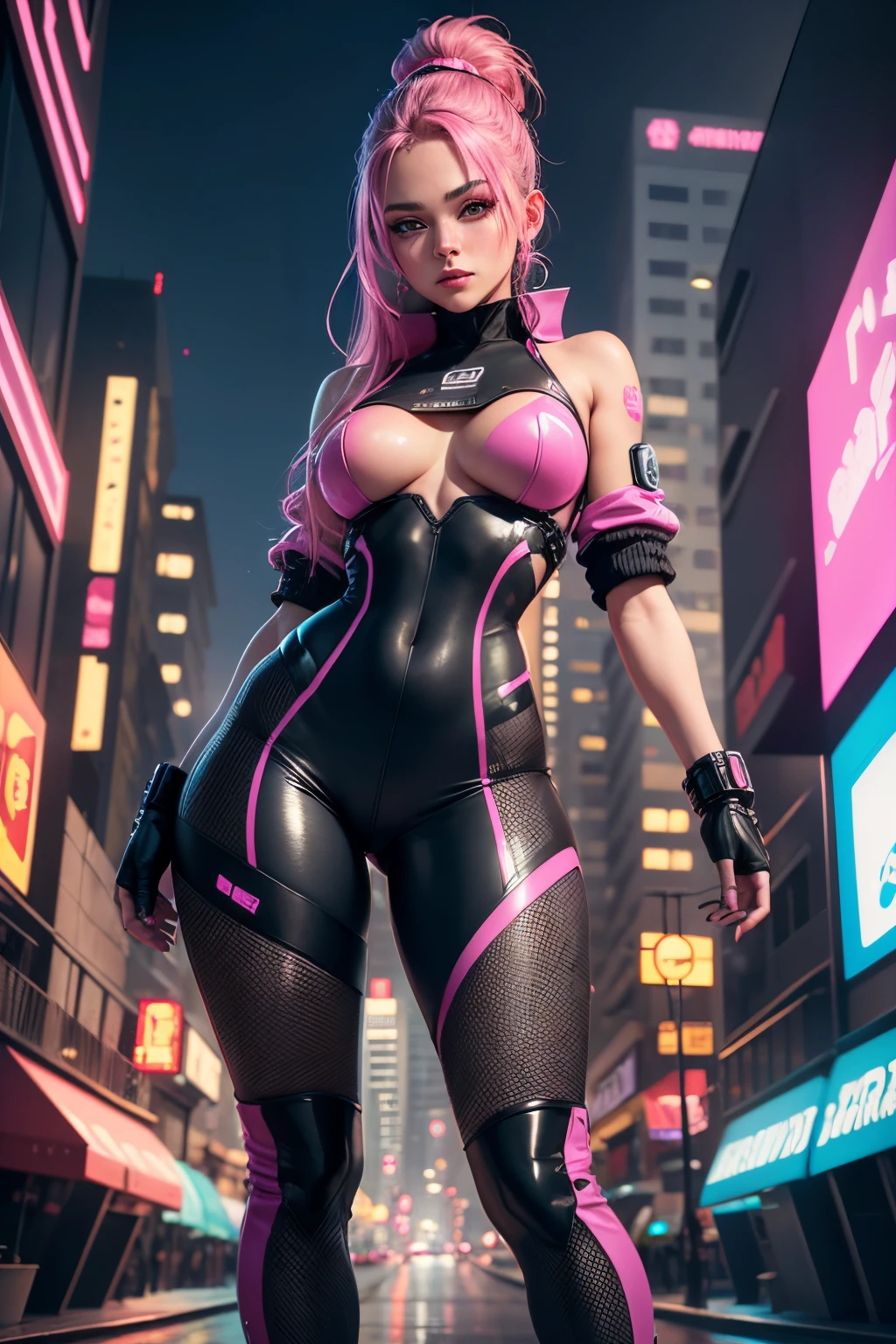 a very cute face, wearing pink cyberpunk outfit, detailed pink outfit, detailed body (reality: 1.4), (A hyper-realistic), (high resolution), (8K), (highly detailed), ( Best Illustration), (detailed eyes), (ultra-detailliert), Bright lighting, Professional Lighting, The background cyberpunk city.