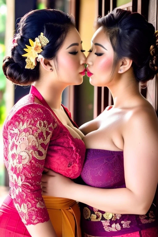 wgirl, two beautiful chubby balinese woman with traditional red kebaya kissing, hand on breasts, side view, voluptuous woman, busty, curvy, cleavage, huge round breasts, curly bun hair, pale skin, sweaty, makeup, realistic, hd