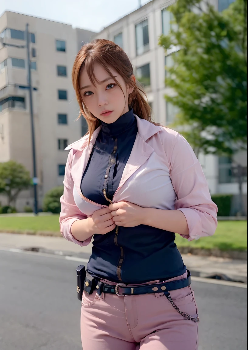 (female cop:1.3), (blushed:1.4), cowboy shot, ((g-cup))、Beautuful Women、Teary-eyed、Hold the chest down、police officers'pants zipper open、You can see a little of your pants.her jacket is torn、she was bristling.、Being attacked、The zipper of the pants is open、Brown hair
