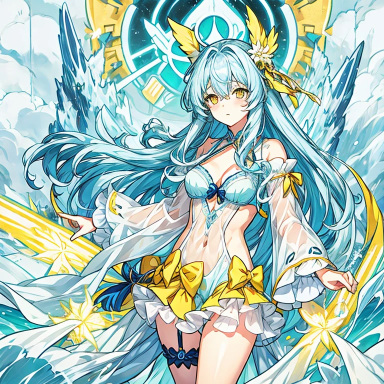 Long hair, light blue hair, yellow eyes, revealing outfit, lingerie, looks like Rimuru tempest