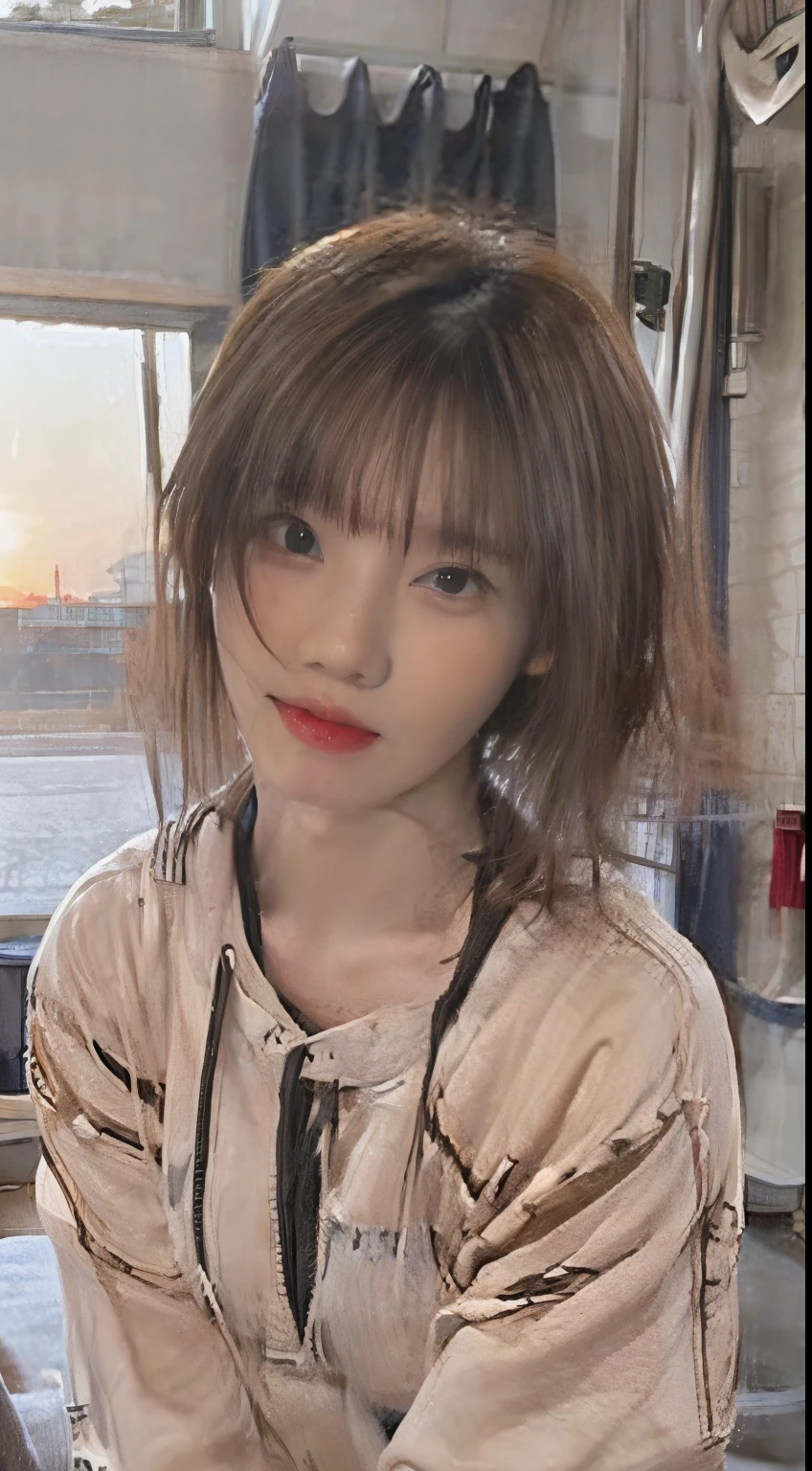 1 girlEm、、 (I am)、(Hold your chest up)、18yr old、(Sitting on a school chair by the window)、She looked at it、the sunset、(super cute girls:1.5)、(A detailed face)、Textured leather、bare-legged、Brown hair、(校服)、junior high school、vulgar room、School desks and chairs、Outside the window, You can see the residential area and the sunset..