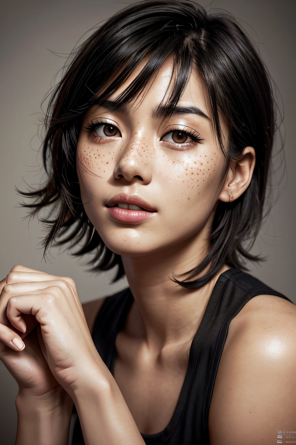 (medium closeup:1.5), (low view:1.5), (soft lighting:1.5),1 woman, beautiful Asian woman, (embarrassed: 1.5) [Saki], [Kishimoto], (bright hazel eyeull lips), short black hair, black short hair, freckles, skin pores, skin details, wearing white camisole, More Detail ,Realistic, (photorealistic):1.1), (raw, 8k:1.3),