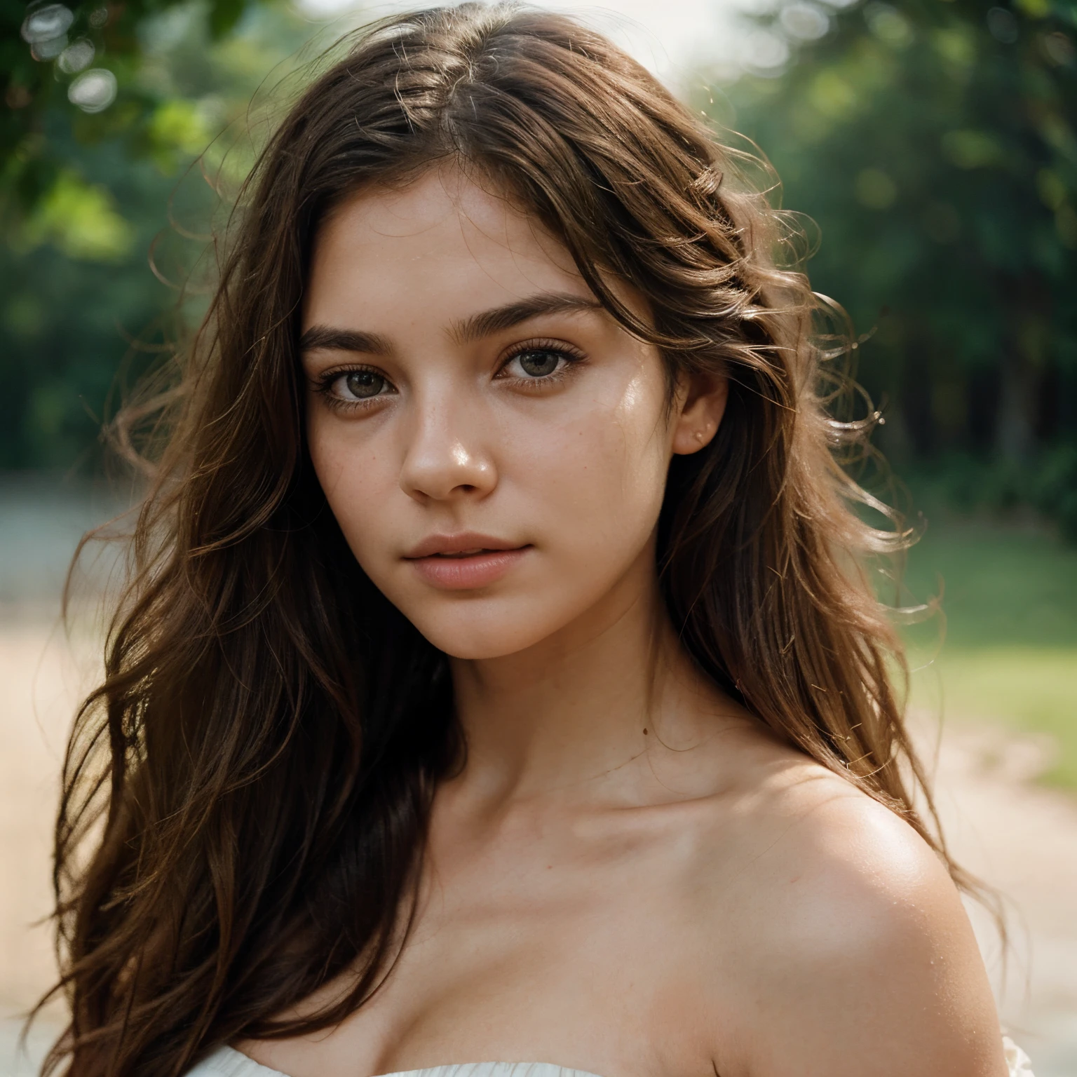 film portrait photography, 1girl, bare shoulders, wavy shoulder-length hair, serene, calm, (realistic detailed eyes, natural skin texture, realistic face details), soft dramatic lighting, depth of field, bokeh, vibrant details, finely detailed, hyperrealistic, 35mm film, hazy blur, filmg,