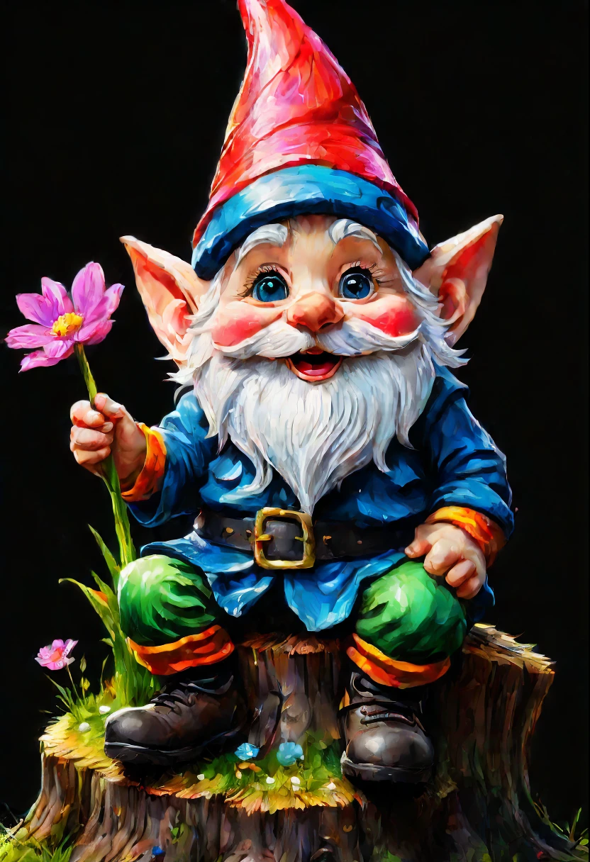 close-up, Very realistic cheerful gnome sitting on a stump, Bright spring charm, bright splashes, Perfect big eyes, Rim lighting, magical fantasy digital art, brightness of color. Black background,
Styled by Gabriele Delotto, AI mid-journey, Bright saturated colors, watercolor paiting, oilpaint,   nffsw, 500px, 4K,