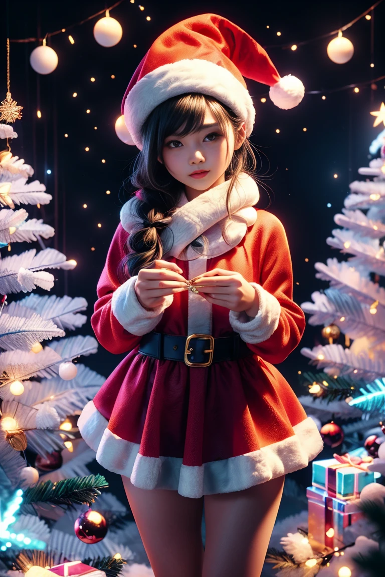 Christmas, a cute and beautiful Chinese girl wearing a glowing traditional Santa Claus costume, carrying a transparent glowing backpack, holding a beautiful Christmas wreath in both hands, standing in a bright and warm Christmas decorated room, looking at the audience, First person perspective, photo album, seven clones