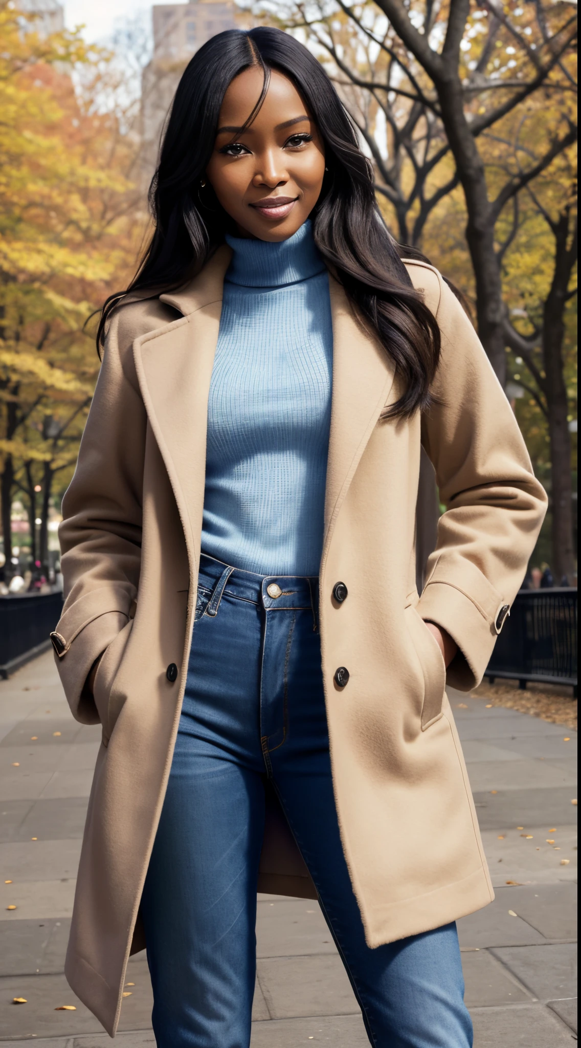 Foto hiperrealista en primer plano de Naomi Campbell, masterpiece, best quality, (photorealistic:1.4), full body, (beige autumn coat over blue sweater:1.1),  (blue jeans:1.2) heels, in the New York Central Park, sunny day,, cinematic light, beautiful woman, skinny, medium breasts, black long hair, detailed face, smile, facing the camera, photo taken from a distance, age of 18 years old