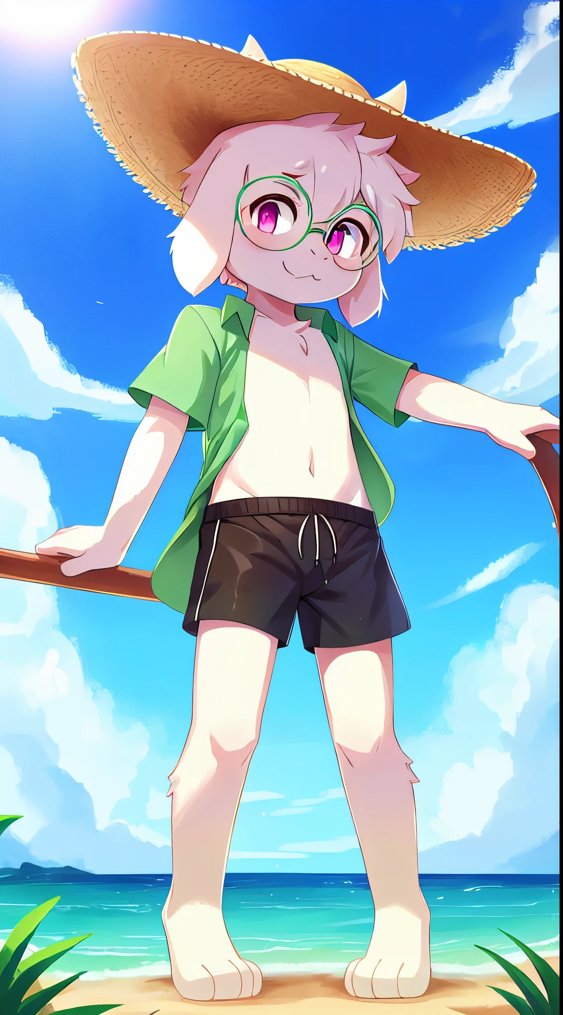 Ralsei, furry boy, young, goat, white body fur, white hair, pink eyes, small horns, detailed body fur, detailed face, detailed eyes, glistering body, shiny body, gorgeous body, masterpiece, high quality, feets whit three toes, full body, standing, beach, clear sky, :3, ((glasses, straw hat, green hawaiian shirt, open clothes, black swim trunks)), looking at you,