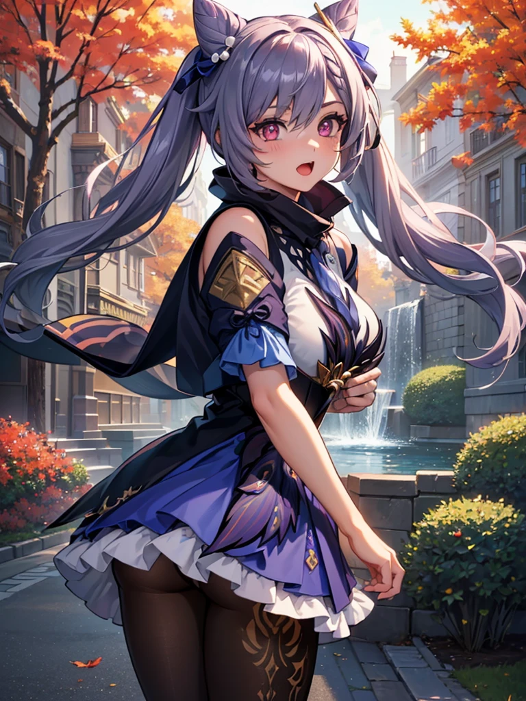 ((highly detailed)), genshin impact, keqing, perfect human hands, (great breast:1.1),masterpiece, best quality, ultra-detailed, glistening shiny, glowing light, ray tracing, HDR, deph of field, (perfect face, detailed face, detailed eyes,perfect hands,perfect fingeredium boobs:1.2),8k,HD,ultra realistic face,ray tracing,perfect lighting,best quality, ultra-detailed, shiny eyes, (looking at viewer,open mouth smile:1.1), ((1girl)), (mature female:1.4),cowboy shot,thicc,(ass, from behind, ass focus,bent foward),
(twintails),streaked_hair,multicolored eyes, gradient eyes, (glowing eyes:1.5), mascara, (fashion make up), parted lips,blush,school uniform, skirt, coat, beret, scarf, skirt lift by wind,panties,cameltoe,all fours,
((park, fountain, leaves in the air, wall, autumn, trees)),(complex background, many elements in the background:1.2),((super detailed background)), dynamic poses, ((8k wallpaper))