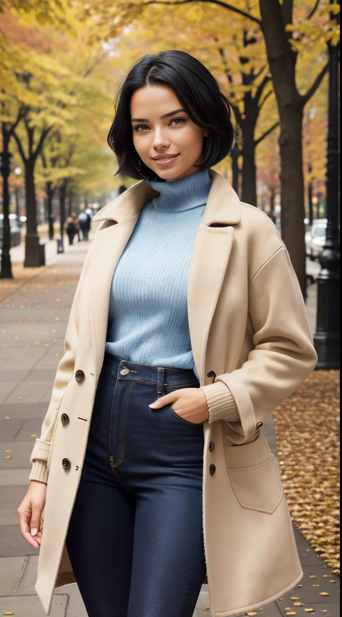Foto hiperrealista en primer plano de Adriana Lima, masterpiece, best quality, (photorealistic:1.4), full body, (beige autumn coat over blue sweater:1.1), (blue jeans:1.2) heels, in the New York Central Park, sunny day, cinematic light, beautiful woman, skinny, medium breasts, black short hair (bob short hair:1.2), detailed face, smile, facing the camera, photo taken from a distance, age of 18 years old, smile, (black detights:1.2)