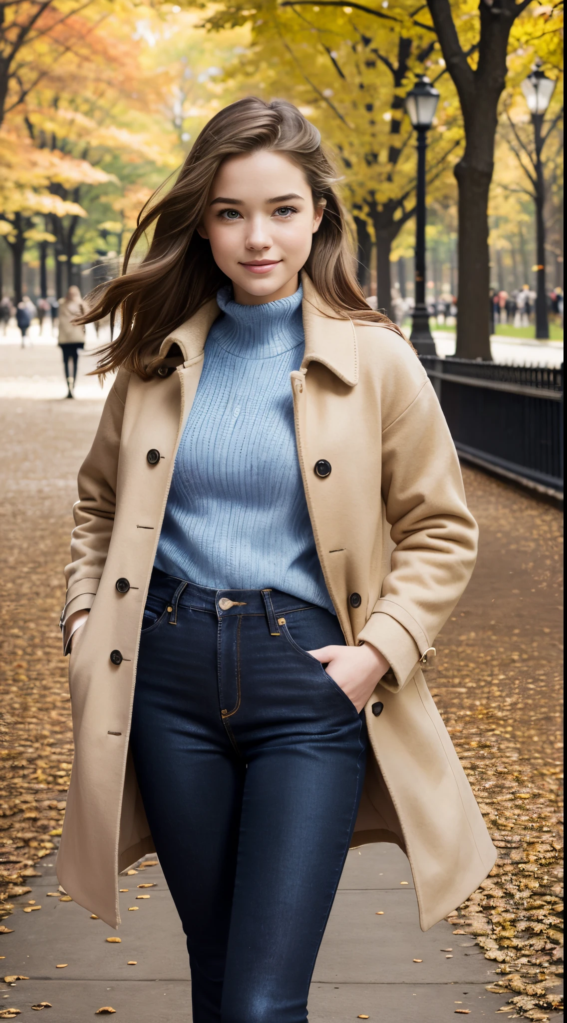 Foto hiperrealista en primer plano de Willa Fitzgerald, masterpiece, best quality, (photorealistic:1.4), full body, (beige autumn coat over blue sweater:1.1), (blue jeans:1.2) heels, in the New York Central Park, sunny day, cinematic light, beautiful woman, skinny, small breasts, straight brown hair, detailed face, smile, photo taken from a distance, age 20 tears old, (black detights:1.2)