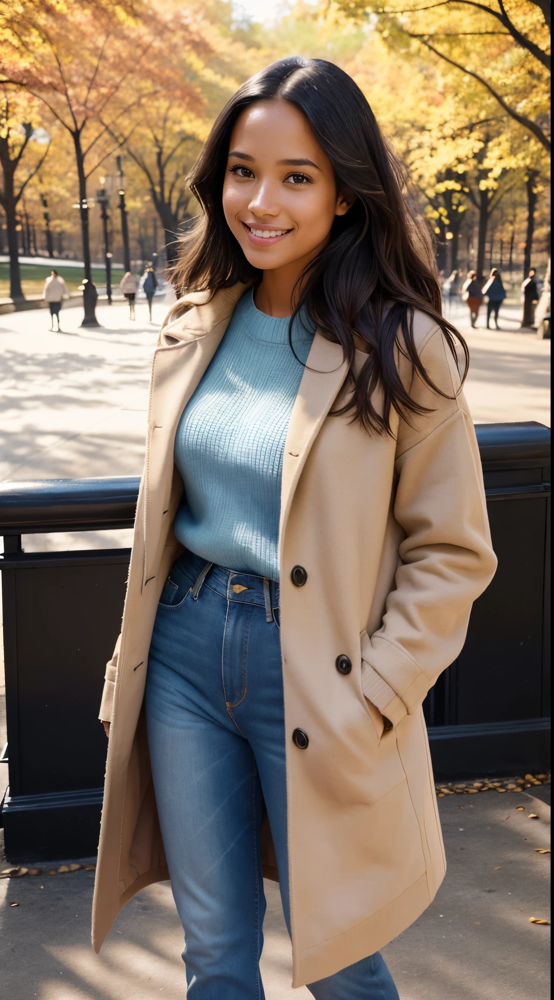 Foto hiperrealista en primer plano de Kelsey Asbille (native American ((light dark skin))), masterpiece, best quality, (photorealistic:1.4), full body, (beige autumn coat over blue sweater:1.1), (blue jeans:1.2) heels, in the New York Central Park, sunny day,cinematic light, beautiful woman, skinny, large big breasts, black long hair, detailed face, smile, facing the camera, photo taken from a distance, age of 25 years old