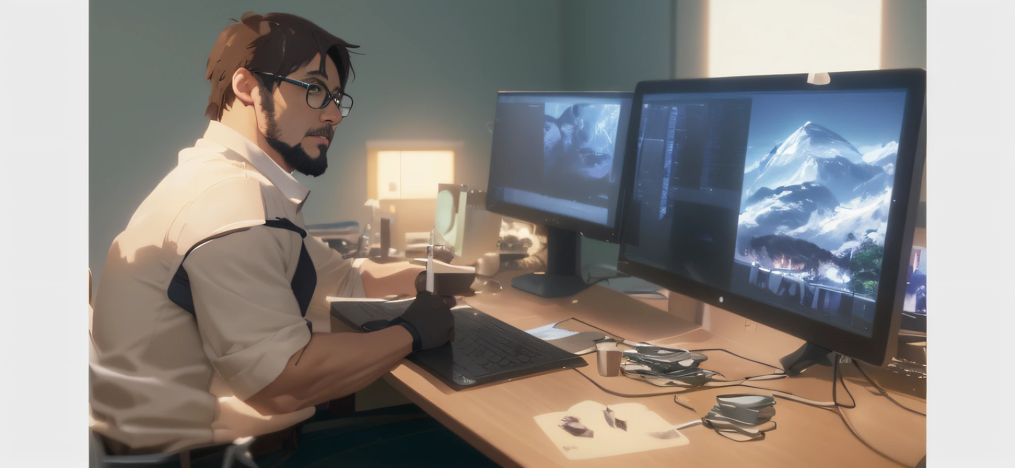 Alpha male sitting at a desk with two computer monitors, studio glibly makoto shinkai, japanese illustrator, Rostran and Studio Ghibli, greg rutkowski makoto shinkai, Nillian Animation Studio, akihiko yoshida 8 k, Post Production, Greg Rutkowski Studio Ghibli, Post Production, Post Production
