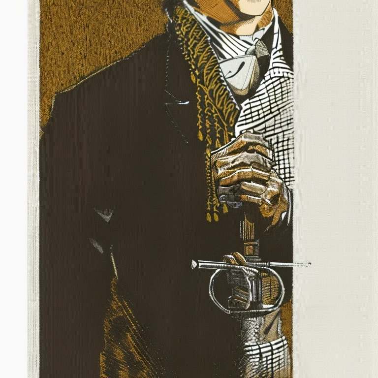 a close up of a man in a suit and tie holding a cane, inspired by Henry Raeburn, inspired by Vincenzo Cabianca, inspired by Joseph Clement Coll, by Gawen Hamilton, inspired by Clovis Trouille, portrait of sherlock holmes, 2d, 2 d, profile shot, inspired by Edward Kemble, rotoscope