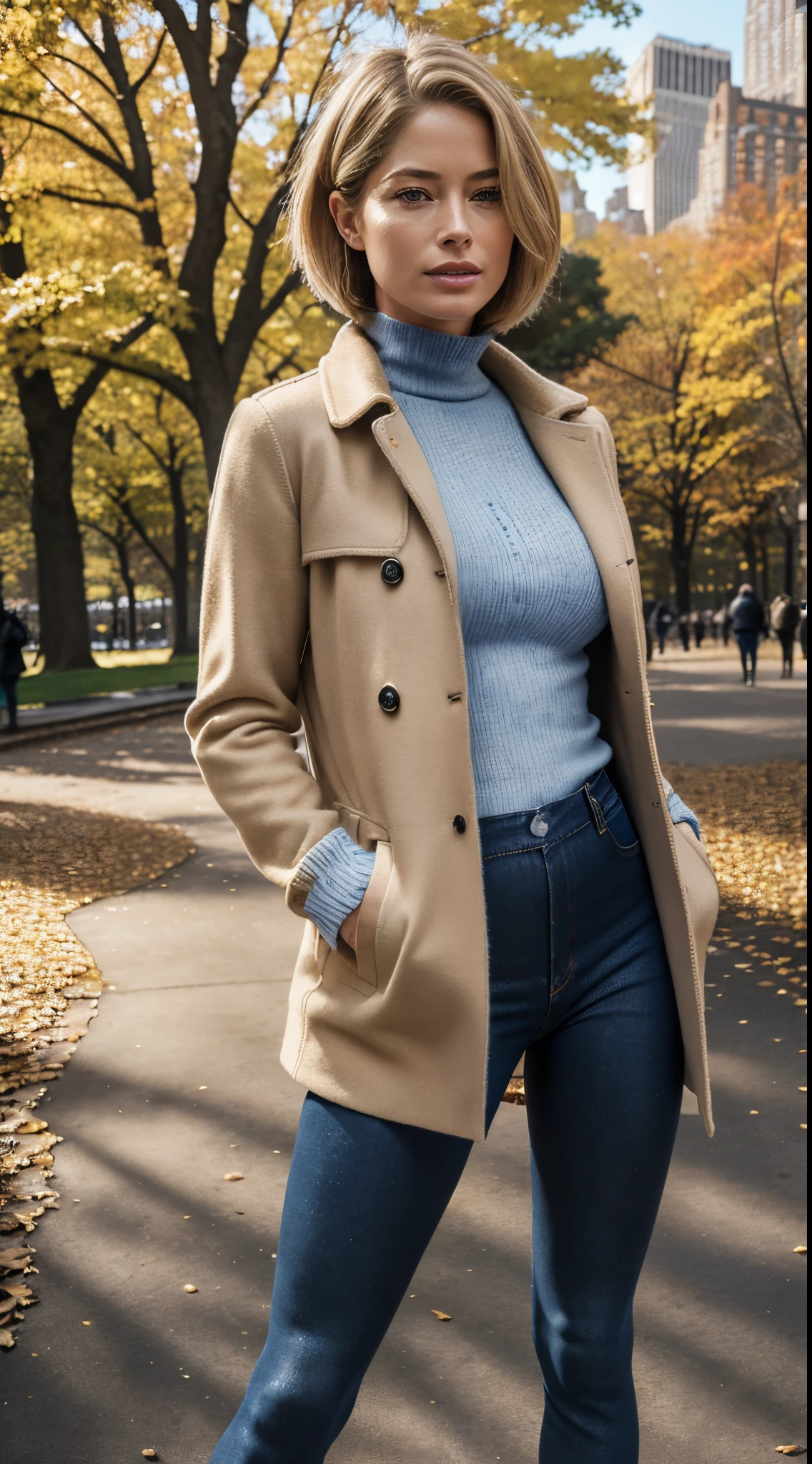 RAW photo of 50 years old Doutzen Kroes, mature woman, masterpiece, best quality, (photorealistic:1.4), (beige autumn coat over blue sweater:1.1), (blue jeans:1.2) heels, in the New York Central Park, sunny day, cinematic light, beautiful woman, medium breasts, blond hair, short short (bob haircut:1.2), wrinkles on the face, (black detights:1.2)