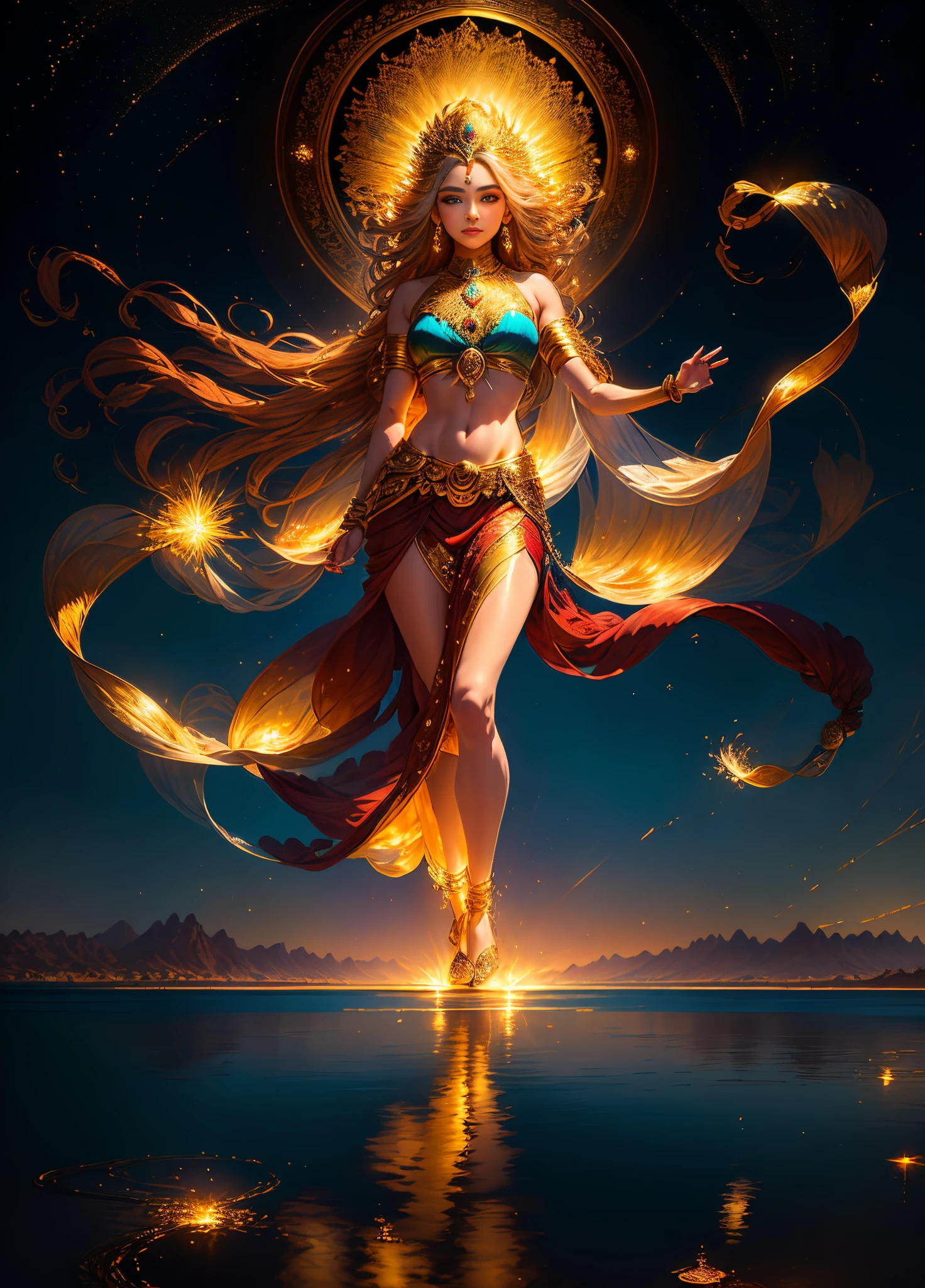 Full body photo, Lighting, 电影灯光, dream-like, Best quality at best, ultra - detailed,  Best quality at best, tmasterpiece, (Detailed faces), tall and sexy , skirt made of gold coins, glowing quicksand, floating ember crystals, golden hair accessory, metal that reflects sunlight, (Focus on body:1.25), Clear blue sky, Desert and ocean as background, with long coiled hair, gold eyes, Emit magical energy, Dark, light reflections
