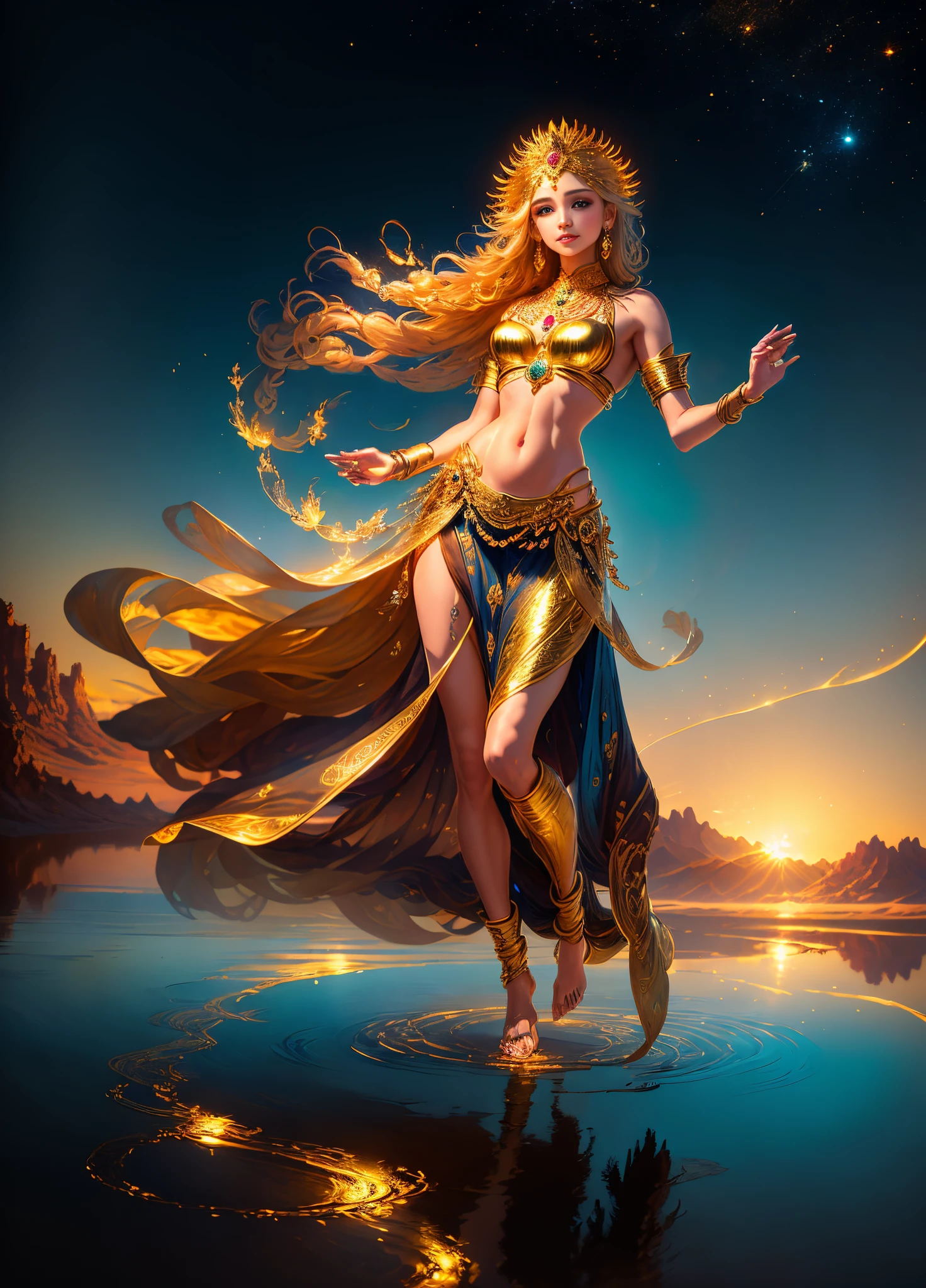 Full body photo, Lighting, 电影灯光, dream-like, Best quality at best, ultra - detailed,  Best quality at best, tmasterpiece, (Detailed faces), tall and sexy , skirt made of gold coins, glowing quicksand, floating ember crystals, golden hair accessory, metal that reflects sunlight, (Focus on body:1.25), Clear blue sky, Desert and ocean as background, with long coiled hair, gold eyes, Emit magical energy, Dark, light reflections