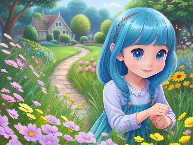 very cute illustration for a children's picture book，The story ends, but the magical garden's warmth will always be remembered.，blue hair, Digital Painting， by Pixar style