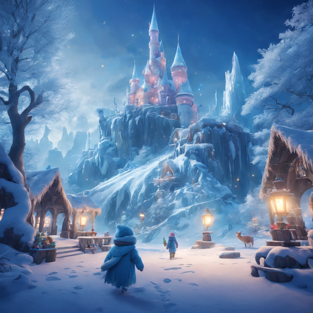 (Winter wonderland)、Atmospheric Oliva Lighting、kirakira,4K UHD、Great composition with great detail and vibrant colors、rendering octane、foco nítido、high-resolutionisometric,​masterpiece,(magical lights),,Magic effect anthropomorphic animals are walking:Winter clothes,A dreamy sight,An ice castle can be seen in the distance
