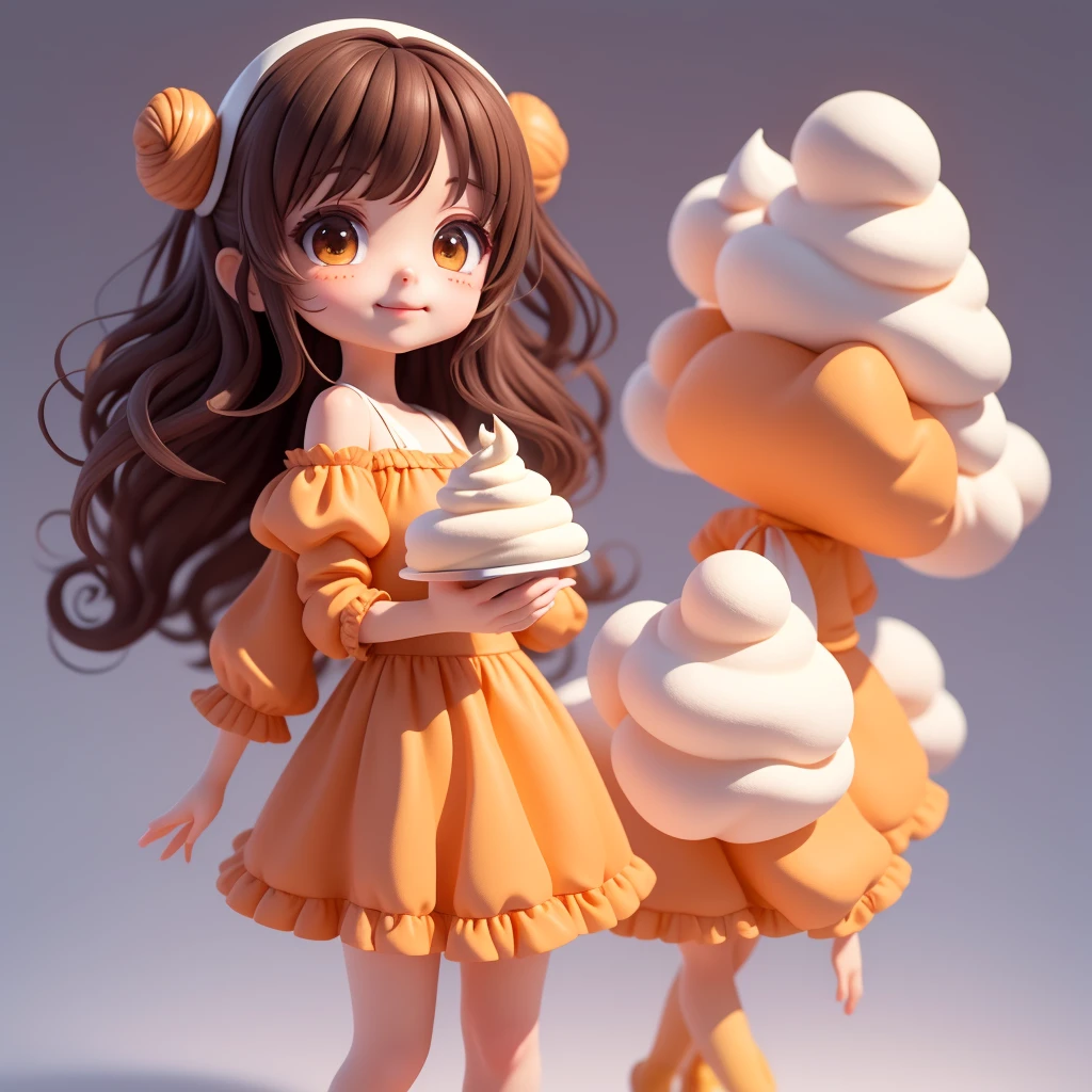 (master-piece), (bestquality), (ultra-detail), (Full body: 1.2), chibi, kawaii, Morning light, White background, holding cream cone, front-view, bokeh, very saturated, color contrast: 1.1, surreal, digital art, art station, 1 girl, smile, Long wavy brown hair., Brown eyes, Orange Dress with Ruffles, Off Shoulder, Blush, (beautiful detailed face)