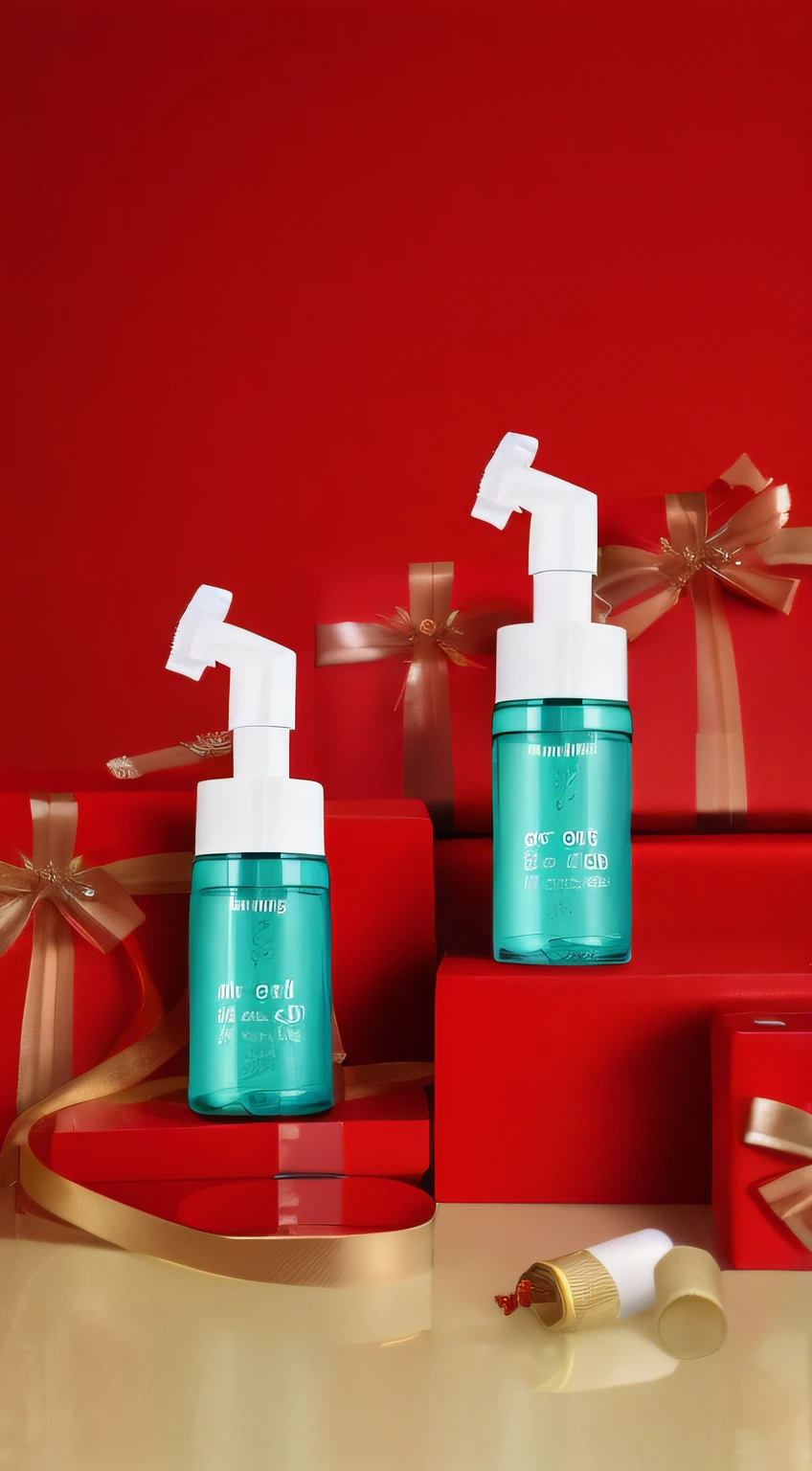 Two bottles of lotion are placed on the red box, vacation, product photograph, glistning skin, product introduction photos, Shooting for a skin care brand, fotografia do produto, professional product shot, higher detailed, cleanest image, clean face and body skin, dramatic product shot, the face, 2, product introduction photos, exclusive, professional product photo, Frankness, professional product photography