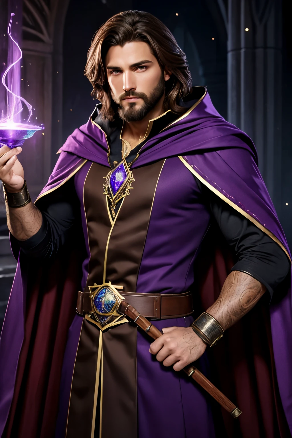 Young handsome male magician, shoulder-length brown hair, brown eyes eyes, neat beard, with light stubble, manly symmetrical realistic face, A smart look. Mage Equipment: purple magic robe with cloak, strong muscular beautiful body, Masterpiece, finely detail, saturated colors, dramatic lighting, Extremely detailed, Cinematic lighting. Holds a magical tome in his hands, from which a purple glow emanates