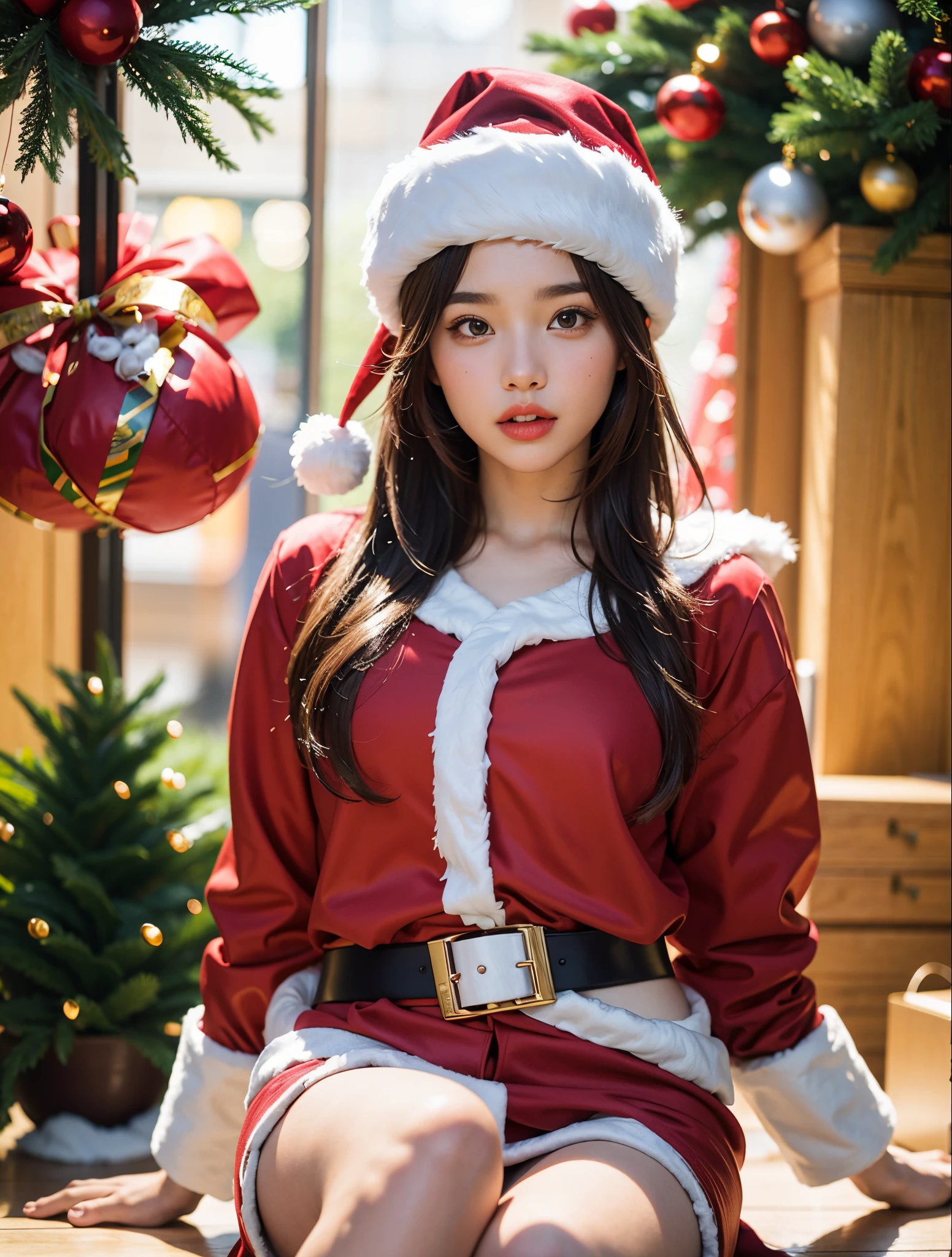 Beautiful girl wearing a Santa Claus costume sits on the floor., 8k artgerm bokeh, closeup portrait shot, captured on canon eos r 6, christmas ornaments, Brown eyes, Brown hair, (Beautiful face details), intricate detailed, Portrait of a female man, very high details, Realistic photos, 8k, UHD, hyperdetailed, (Dynamic Poses:1.4),