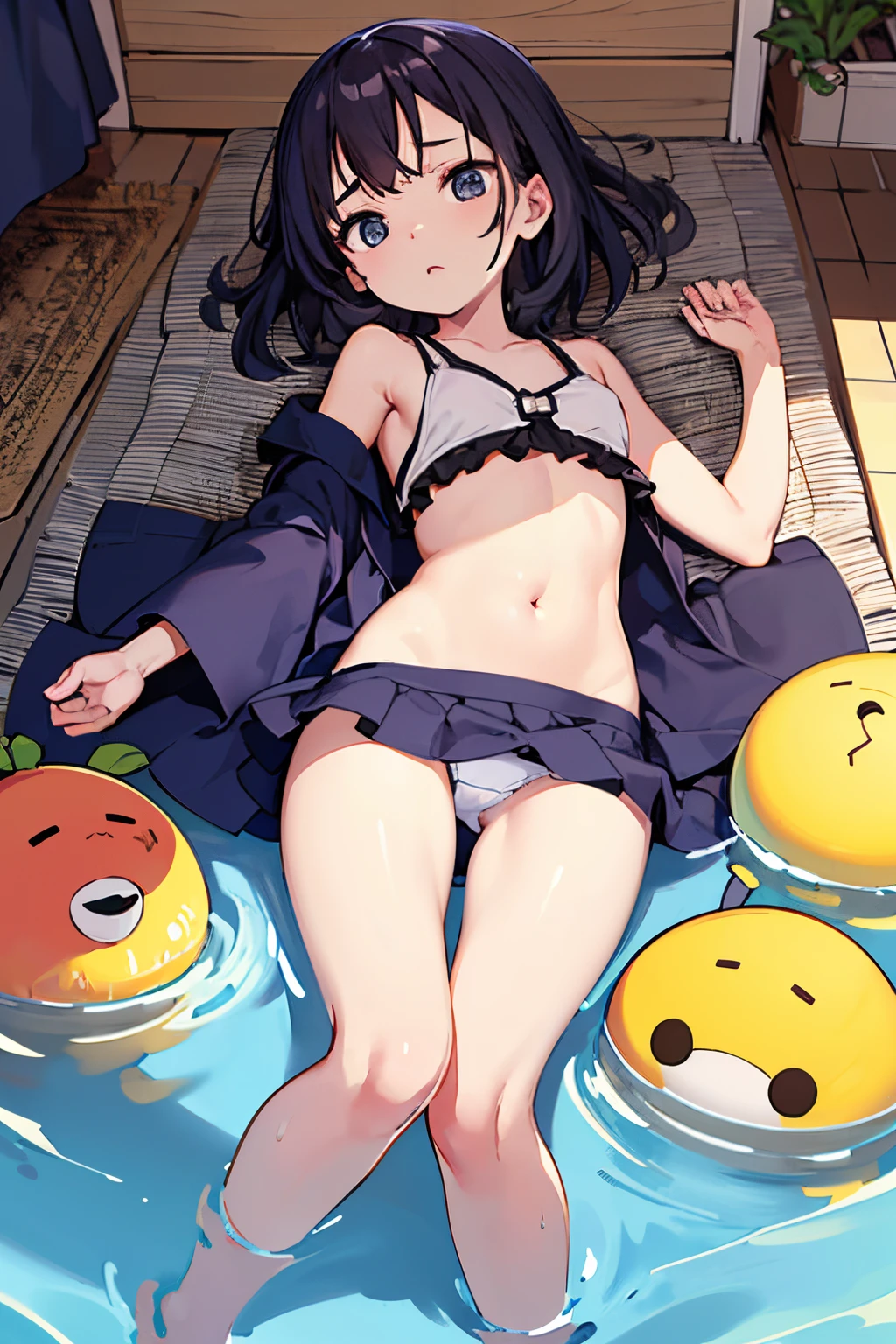 ((Best Quality)), ((masutepiece)), (Detailed), Perfect face、full bodyesbian、Navel、underpants、eat into、skirt by the、Young face、Panmoro、Infant body shape、small tits、be overturned、Raise both legs、Lower back floats