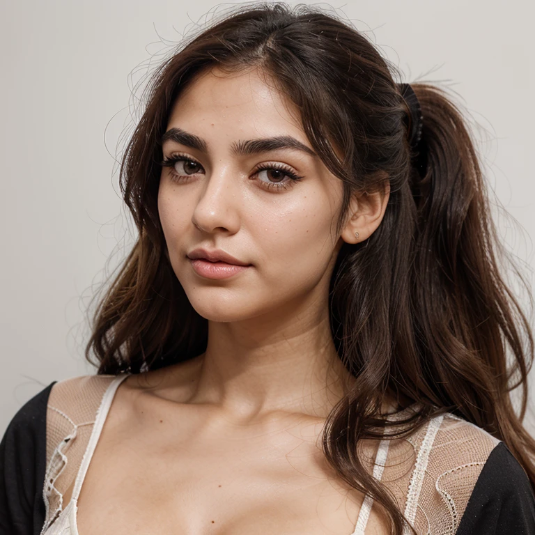 Change the face with Imagine A girl, Named fatemeh, 25 years and 7 months and 21 days old/ mixture of Phoenician, Greek, Armenian, and Arab/almond eyes, brown eyes, mesh hair,thick hair, ponytail/ bow-shaped lips, uptruned Nose, square jawline, narrow forehead, Protruding chin, high-arch eyebrows, black eyebrows , thick eyebrows/168 centimeters height, 61 kilograms weight,tanned body/ small mole on left eyebrow، small mole on the corner of the lower left lip, straight white blond wavy hair،A small amount of acne on the cheek، Cheek dimple, chin dimple/ ,