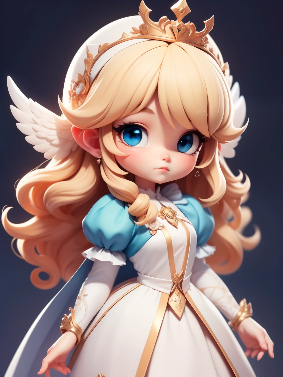 (Best quality,4K,8K,A high resolution,tmasterpiece:1.2),ultra - detailed,Cute Art,adorable digital art,Angelic,blond hair blue eyes,The eyes are bright,White princess dress,puff sleeves,wings,full bodyesbian:1.2