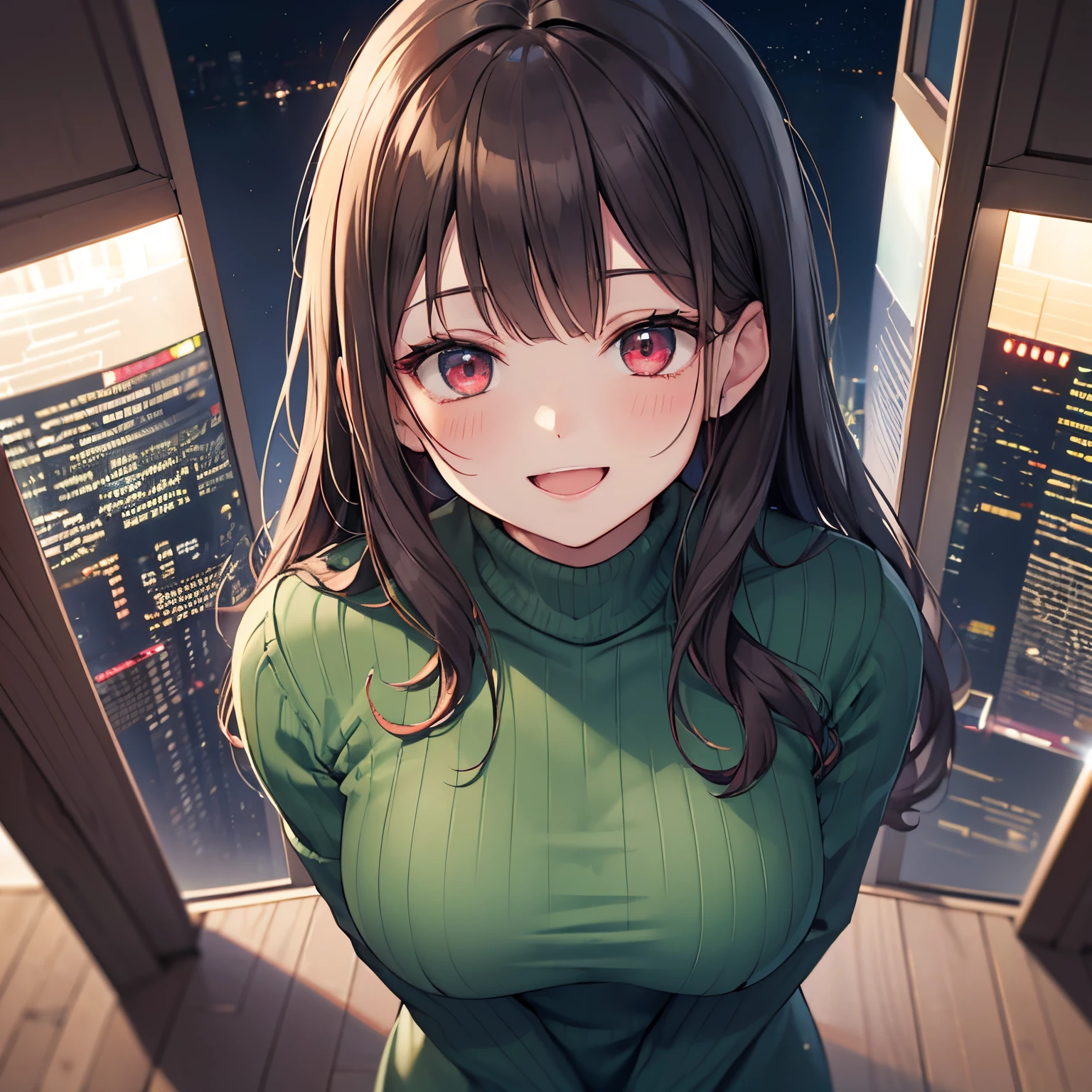 Angle from above, High angle, ​masterpiece、top-quality、 A 25-year-old woman with long wavy brown bangs and red eyes.、wearing a green knit dress、(looking up:1.2), (Smiling expression:1.3)、open mouth, (Staring:1.5)、is standing、background is city at night、Wagas、建筑、Bolides、Bold composition、Upper body is shown、Alone、