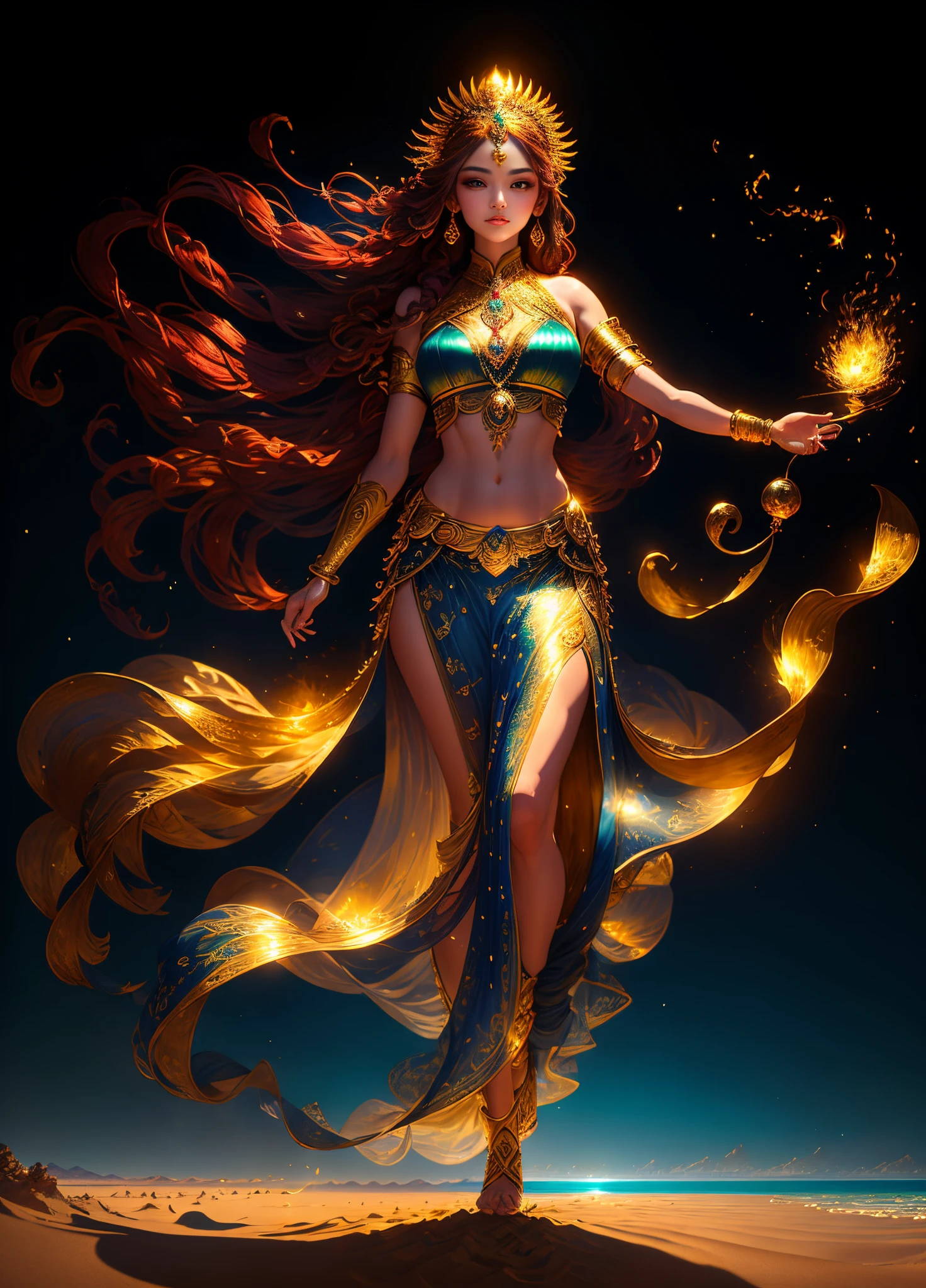 Full body photo, Lighting, 电影灯光, dream-like, Best quality at best, ultra - detailed,  Best quality at best, tmasterpiece, (Detailed faces), tall and sexy , skirt made of gold coins, glowing quicksand, floating ember crystals, golden hair accessory, metal that reflects sunlight, (Focus on body:1.25), Clear blue sky, Desert and ocean as background, with long coiled hair, gold eyes, Emit magical energy, Dark, light reflections