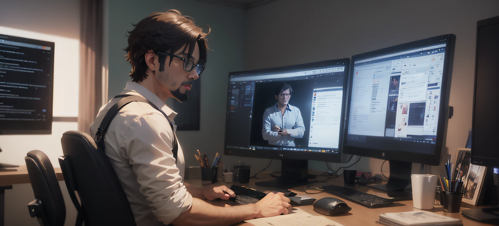 Man sitting at a desk with two computer monitors, detailed cinematic rendering, Cinematic 3D Rendering, Cinematic Rendering, animation style render, rendered in octane render, By Shinkai Makoto. Octane Render, semi - realistic render, high resolution render, Detailed video recording, atey ghailan 8 k, Photorealistic cinematic rendering, CG Rendering