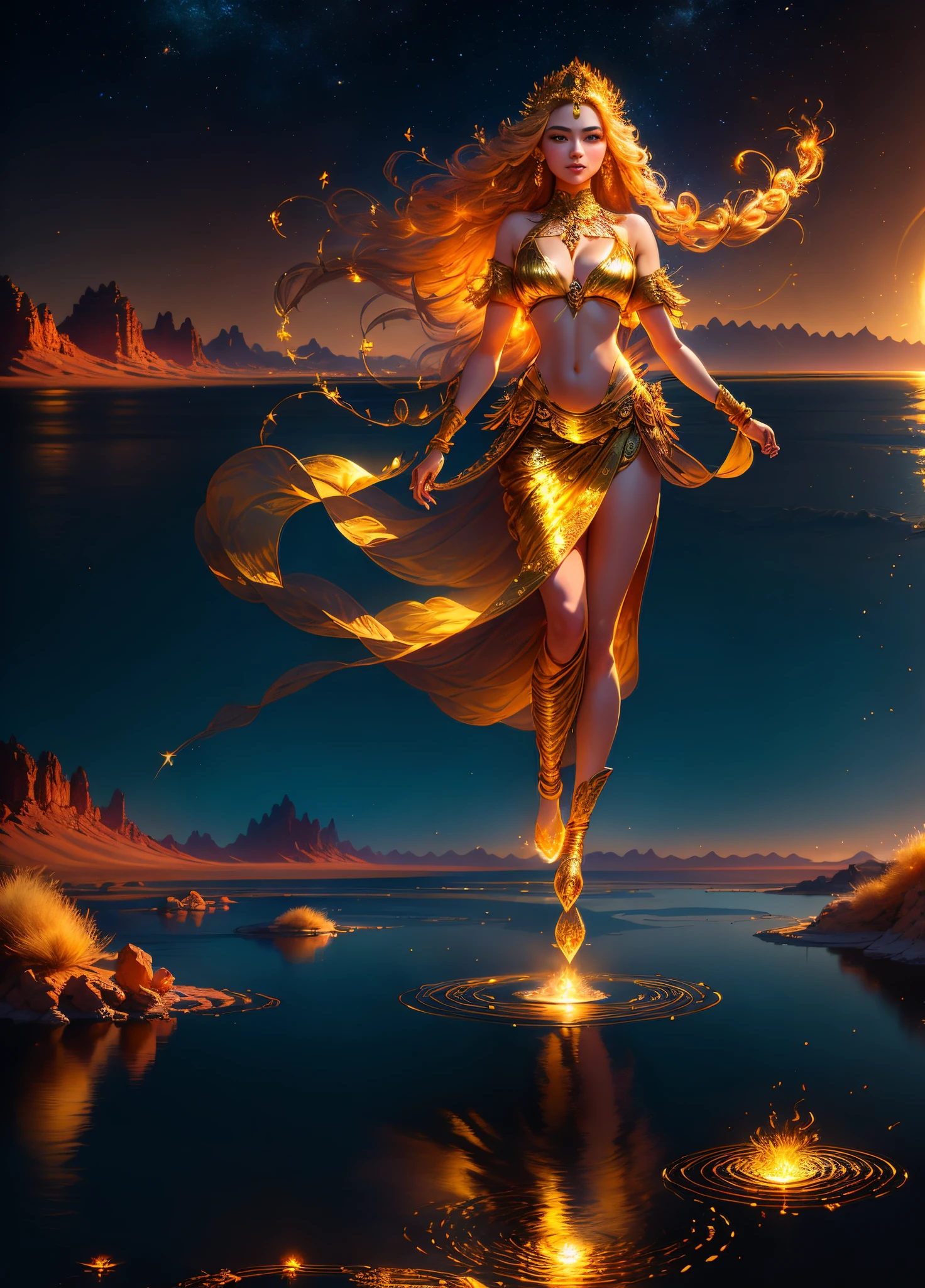 Full body photo, Lighting, 电影灯光, dream-like, Best quality at best, ultra - detailed,  Best quality at best, tmasterpiece, (Detailed faces), tall and sexy , skirt made of gold coins, glowing quicksand, floating ember crystals, golden hair accessory, metal that reflects sunlight, (Focus on body:1.25), Clear blue sky, Desert and ocean as background, with long coiled hair, gold eyes, Emit magical energy, Dark, light reflections