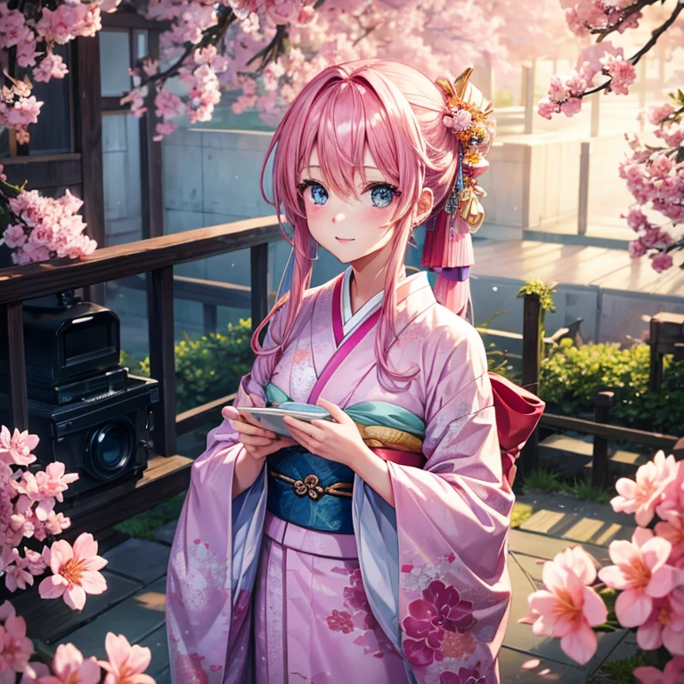 girl with pink hair and light blue eyes、Long、kimono