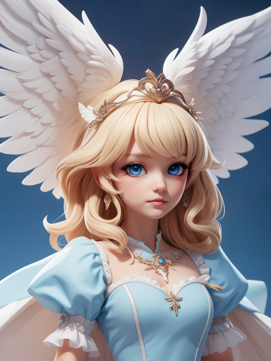 (Best quality,4K,8K,A high resolution,tmasterpiece:1.2),ultra - detailed,Cute Art,adorable digital art,Angelic,blond hair blue eyes,The eyes are bright,White princess dress,puff sleeves,Winged gull body lesbian:1.2))