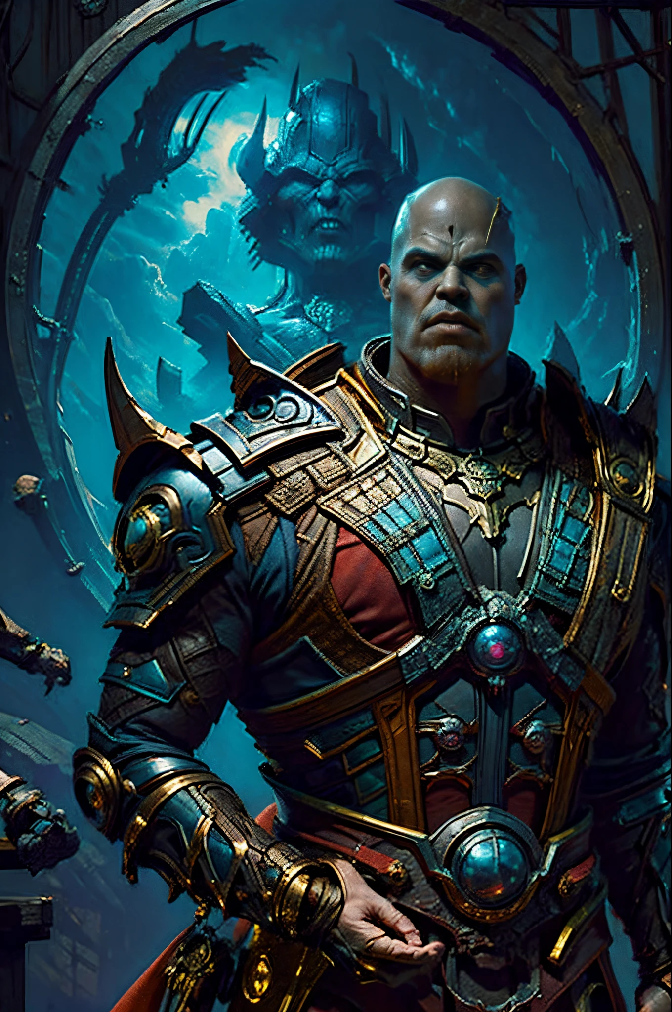 gothic art, lightand shade contrast, Standing Picture, Ramen, holland angle, emphasis lines, tmasterpiece, Acura, Anatomically correct, A high resolution, Best quality at best, super detailing, Award-Awarded,D14BL0 style Thanos(Thanos)(Played by Josh Brolin), Super strong, musculouale people,(A small amount of armor:0.2),((详细的脸)),((詳細な目)),((correct hand)),((Complete and beautiful five fingers)),((anatomically correct limbs)),((Correct anatomy)),,Epic war fantasy digital art,(greg rutkovsky:0.8), (cyan and orange:0.4),