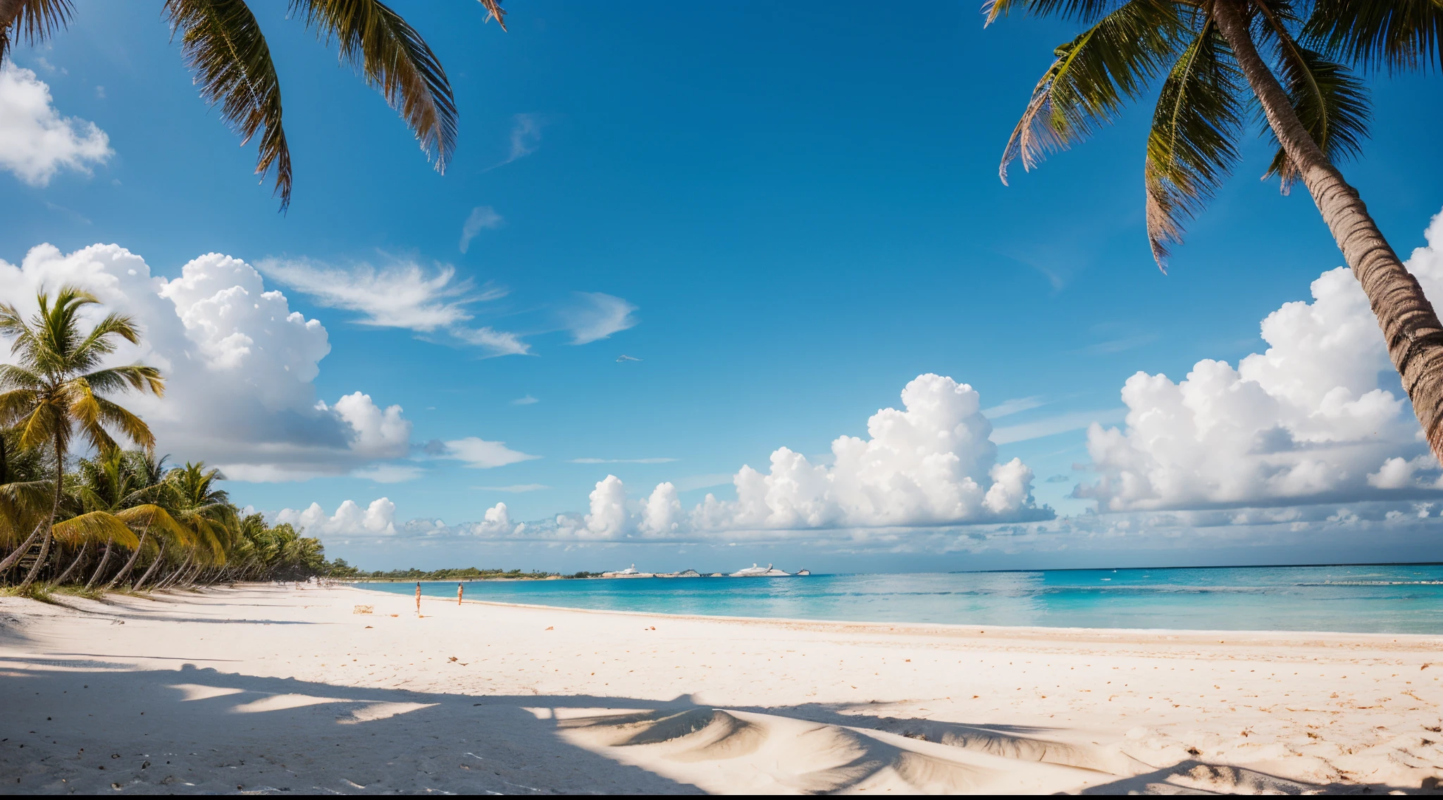 jan kupecky style, beach with white sands, clear blue sky, coconut palm trees, seagulls flying