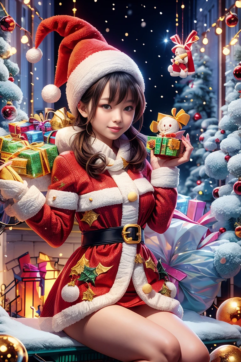 Christmas, 1 cute and beautiful Chinese girl wearing glowing traditional Santa Claus costume, holding a beautiful Christmas wreath in her hands, standing in a bright and warm Christmas decorated room, Christmas tree, gifts, Christmas socks, fireplace, looking with eyes Audience, first-person perspective, photo album, seven clones