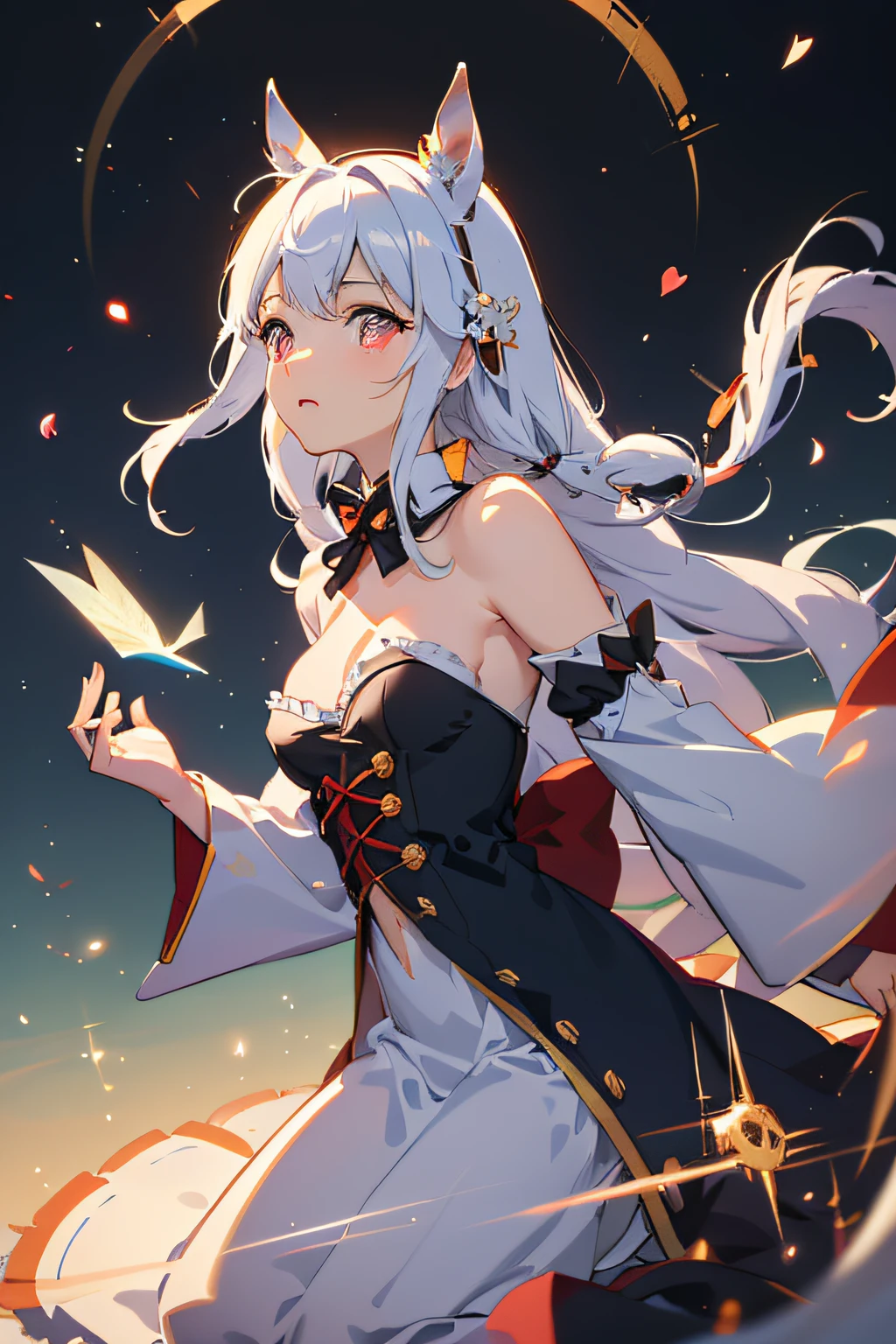 ((Marl、Horse ear headband、fake horse ears)）、（lightly dressed、cleavage of the breast、fully body photo、Beautiful legs)、((White hair、red eyes、Has a small、年轻、side lighting bare shoulders、radiant eyes、magic circles、Particles of light、llight rays、wall-paper、Diabolical))、1girl in、​master piece、japanaese girl、absurderes、hight resolution、ultra-detailliert、depth of fields、​masterpiece、extremely details CG、3D Photography、3D background、Unity、8K、Hi-Res、top-quality、shadowy、foco nítido、pale-skinned、A detailed eye、blurry backround、dynamic ungle、The most amazing super feat exaggeration、a closed mouth、Look at viewers、superclear