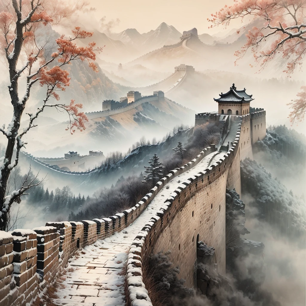 detailed ink,Chinese traditional ink painting,serene and calm atmosphere,winter scenery,long and winding Great Wall,gently falling snow,people in warm clothing walking on the Great Wall,impressive towers along the wall,subtle shades of gray and black,picturesque landscapes,traditional brushstrokes and ink washes,faint mist and haze enveloping the scene,ancient architectural structures,peaceful and tranquil ambiance,subtle hints of red and gold,painting-like texture,harmonious blending of traditional and modern elements,subtle moonlight shining on the Great Wall,ethereal and dreamlike quality,subtle reflection of the Great Wall in a nearby frozen lake,delicate bamboo and pine trees scattered along the wall,historical and cultural significance,persistent but gentle winter breeze,deep sense of history and heritage,faint footsteps echoing in the silence,poetic and introspective atmosphere,deep appreciation for nature's beauty and power.(best quality,4k,8k,highres,masterpiece:1.2),ultra-detailed,(realistic,photorealistic,photo-realistic:1.37),